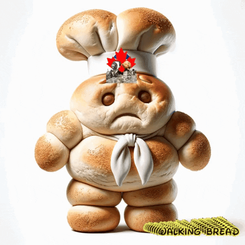 Digital art gif. A stout person with a round head and chunky arms and legs made out of bread rolls stares at us with a frown. The chef's hat on its head alternates from a hat made out of bread to an actual chef's hat. A maple leaf logo is edited on the hat.  