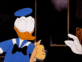 Cartoon gif. Donald Duck squints his eyes to read a piece of paper, and then his eyes pop out of his head in shock. His legs move around quickly in excitement.