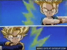 Anime gif. In a scene from Dragon Ball Z, Super Saiyan versions of Goten and Trunks are about to become Gotenks as they perform a fusion.