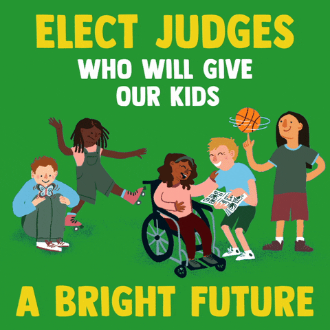 Digital art gif. Diverse group of schoolchildren on a kelly-green background enjoying recess activities with the text, "Elect judges who will give our kids a bright future."