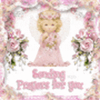 Digital art gif. Illustration of a blonde angel wearing pink, surrounded by pink flowers. Text, "sending prayers for you."
