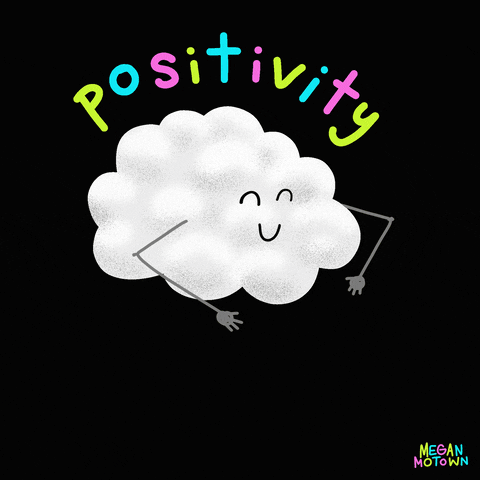 Digital art gif. A smiling white cloud rains colorful confetti down over a black background. Text above the cloud reads, "positivity."