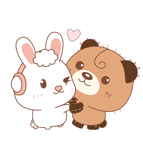 Kawaii gif. A bunny and a bear hold hands and face each other while nuzzling cheeks. Their heads go up and down and little hearts float around them.