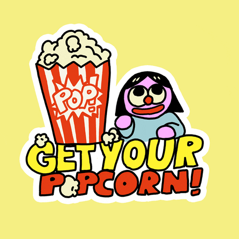 Digital art gif. An animated purple woman reaches her hand up and plucks some popcorn from a large red and white popcorn bucket. The words "Get your popcorn!" appear beneath the woman and the bucket in large cheerful bubble letters.