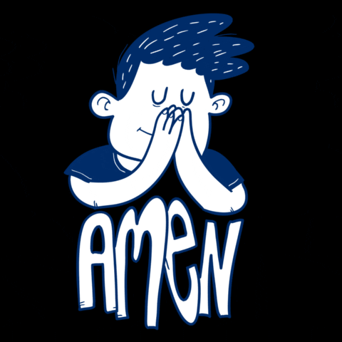 Cartoon gif. A jittering blue-and-white illustration of a man praying. Text, "Amen."