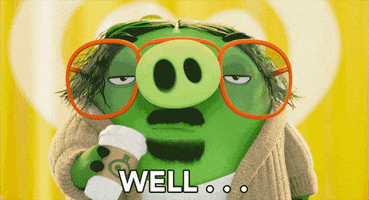 Movie gif. A Bad Piggie wearing orange glasses from Angry Birds looks ahead as if displeased and unamused. Text, "Well, that's disappointing."