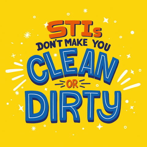 Digital art gif. In red, blue and white all-caps font, text spells out "S-T-I's don't make you clean or dirty," the words "clean" and "dirty" popping out at us emphatically, everything against a yellow background.