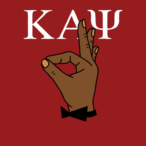 Illustrated gif. Deep brown hand giving an "ok" sign, then a fist of solidarity under the Greek letters for Kappa Alpha Psi in white on a red background. Text, "Vote!"