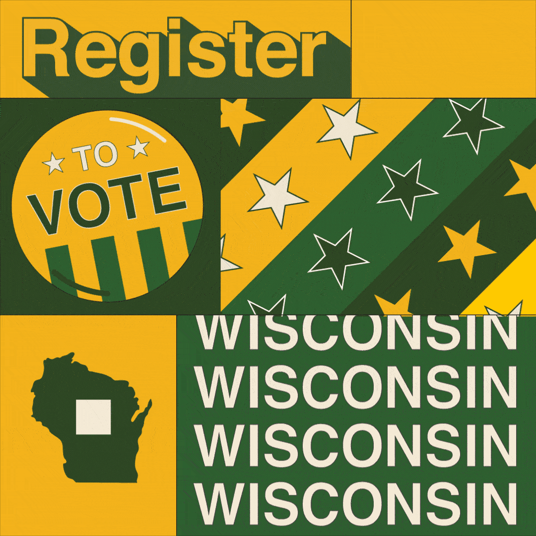 Digital art gif. Collage of green and yellow boxes features the shape of Wisconsin with a box being checked, several colorful stripes filled with stars, and a “Vote” button that dances back and forth. Text, “Register to vote Wisconsin.”