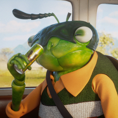 Cartoon gif. A grasshopper wears a yellow collared shirt and a sweater vest as he takes a sip of a green energy drink. Text, "That's hot."