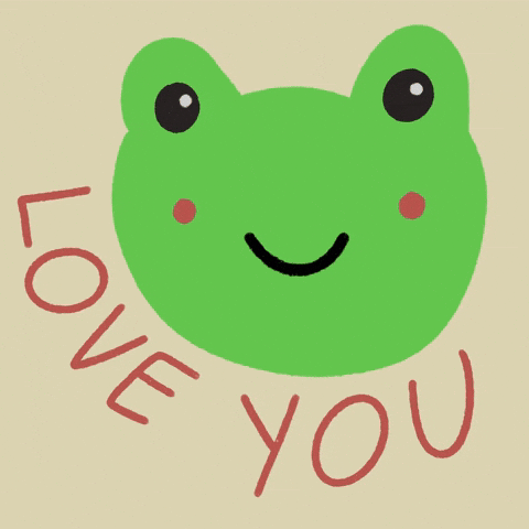 Digital art gif. A large face of a happy green frog grins with wide eyes. Red text reads, "Love you." 