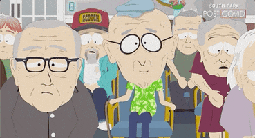 South Park gif. Elderly group of people are sitting together and one man is chuckling while the rest are stoney faced.