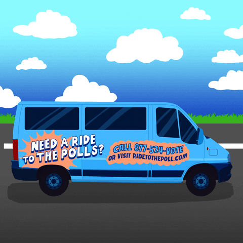 Illustrated gif. Blue van with graphic text rolling down a road with a blue sky, green grass, and picturesque clouds. Text, "Need a ride to the polls? Call 877-524-VOTE, or visit ride to the poll dot com."