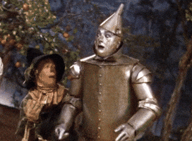 Movie gif. The Tinman from the 1939 Wizard of Oz film leans from side to side as Dorothy and The Scarecrow try to catch him. We follow The Tinman as he sways and the background moves around him, mimicking the feeling of being drunk.