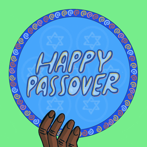 Text gif. Hand holding up a blue seder platter with colorful spirals and Stars of David reading "Happy Passover" against a green background.