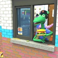 claymation green dinosaur throwing hamburgers out a fast food window