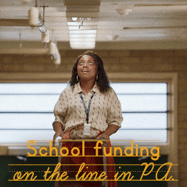 TV gif. Terrified Quinta Brunson as Janine in Abbott Elementary stands on a ladder, staring at a flickering light bulb as it explodes. Her mouth drops, and she ducks for cover. Text styled as a handwriting lesson reads, “School funding on the line in PA.”