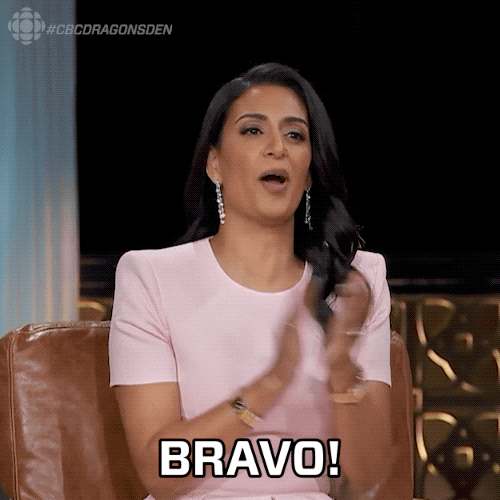Reality TV gif. Manjit Minhas, a judge on Dragon's Den, is clapping her hands and tells the contestant, "Bravo!"