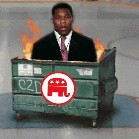Political gif. Herschel Walker emerges from a raging dumpster fire. The dumpster is stamped with a red and white elephant.