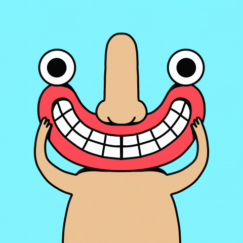 Cartoon gif. A character holds up its own smile with its hands. When it lets go, the smile drops into a frown.