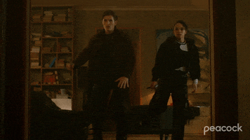 Movie gif. Zoey Deutch as Rose and Danila Kozlovsky as Dimitri. They both prepare for a fight and assume their fight stance in sync, raising their hands up in a punching position and leaning back on one foot.