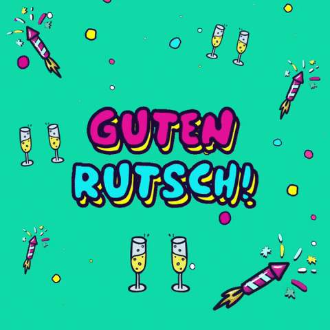 Text gif. Pairs of clinking champagne flutes and festive fireworks dance against a teal background. The German phrase for happy New Year "Guten Rutsch" flash between blue and purple.