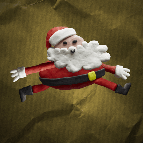 3D animated gif. Rendering of a Claymation Santa Claus doing a broad, graceful skip in place across a yellow background textured to look like crinkled wrapping paper. 