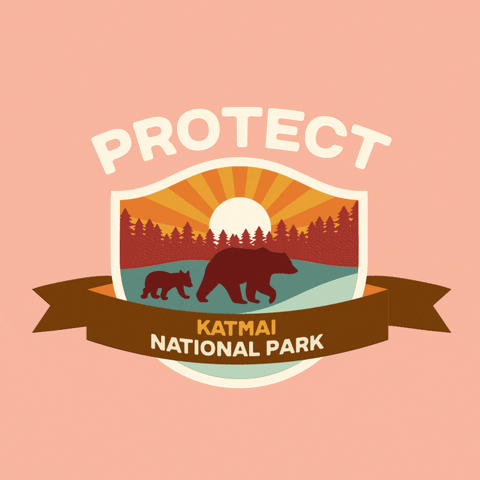 Digital art gif. Inside a shield insignia is a cartoon image of a mama bear and her cub walking in front of a background of thick pine trees. Text above the shield reads, "protect." Text inside a ribbon overlaid over the shield reads, "Katmai National Park," all against a pale pink backdrop.