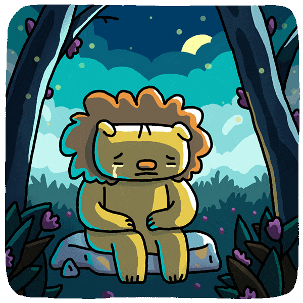 Digital art gif. A lion sits alone in a forest at night and it's crying. They put their face in their paws as tears drip down and they look forlorn and desolate.