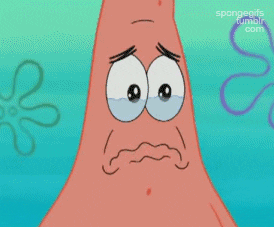 Spongebob gif. Patrick gazes sorrowfully as tears well in eyes and his lips tremble. 