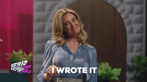 Gif of a white woman doing a little dip and saying "I wrote it" 