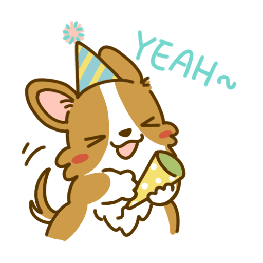 Kawaii gif. A corgi puppy wears a party hat. He closes his eyes and smiles excitedly as he pops a party popper. Confetti flies out of it and his tail wags. Text, “Yeah.”