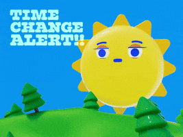 Digital art gif. Yellow sun with a face and eyebrows bounces up in shock as the sky turns dark suddenly and an exclamation point pops up over its head. Text, "Time change alert!"