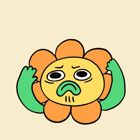 Illustrated gif. Apricot colored flower frowns as its eyes wobble, then rips off two of its petals and screams with its mouth gaping open and eyes closed.