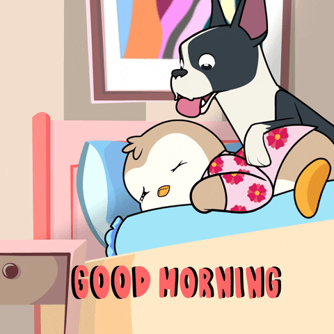 Cartoon gif. Happy black and white dog licks the face of a penguin in a pink floral night shirt who is laying in bed and looking exhausted with one sleepy eye half open. Text, "Good morning."