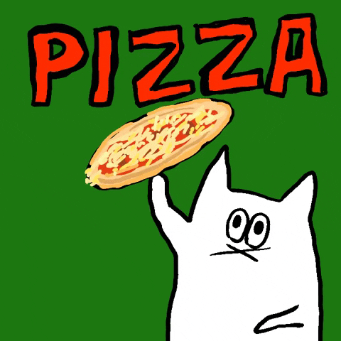 Illustrated gif. White cat spins a cheese pizza above its head, against a green background and below red text reading "Pizza."