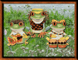Digital art gif. Two frogs cheerfully play instruments as a third in a yellow hat sings. 
