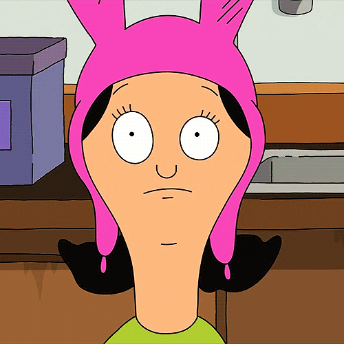 Cartoon gif. Louise Belcher from Bob's Burgers looks blankly at something off screen as one of her eyes twitches.