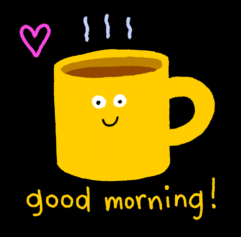 Digital art gif. A yellow coffee cup grins widely as steam-like squiggles hang above its coffee brown interior. Text, "good morning!"
