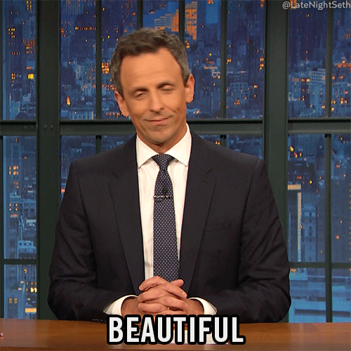 Late Night gif. Seth as host shakes his head disapprovingly, then looks a bit more receptive as he nods. He speaks. Text, "Beautiful."