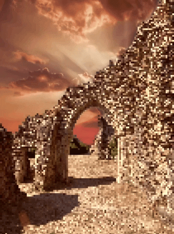 vitruvianeyepiece pixelart sunset fantasy castle GIF