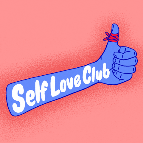 Text gif. Floating blue arm giving a thumbs up, the thumb wrapped in a bandage, the words "self-love club" written across the forearm against a salmon-colored background.