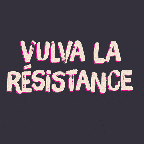 Digital art gif. White text in bold, all-caps font reads, "Vulva la résistance," against a gray background.