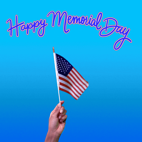 Digital art gif. Hands waves a mini American flag on a stick back and forth. Blue and red script text reads, "Happy Memorial Day," all against an ombre blue background.