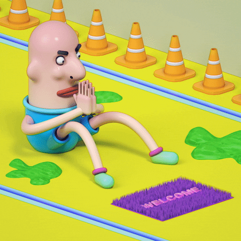 Digital art gif. Bald-headed 3-D figure sits on the floor behind a purple welcome mat and claps its hands robotically, surrounded by piles of pulsing green goop, next to a conveyor belt carrying orange safety cones.