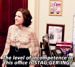 TV gif. Julia Louis-Dreyfus as Selina Meyer on Veep stands professionally dressed in an office but loses her cool as she slams her hand on the desk and exclaims angrily, "The level of incompetence in this office is STAG-GER-ING!," which appears as text.