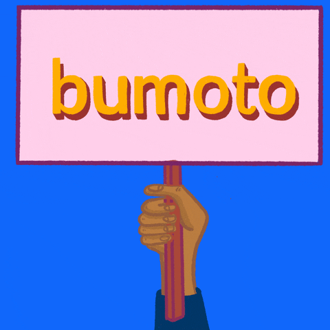 Digital art gif. Hand with medium-tone skin waves a sign up and down against a bright blue background. The sign reads “Go Vote” in Tagalog.