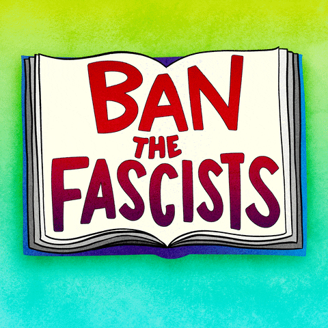 Illustrated gif. Book stretched open, big red letters across reading, "Ban the fascists," the page turns to the next page which reads, in blue, "Save the books," against a yellow to cyan gradient.