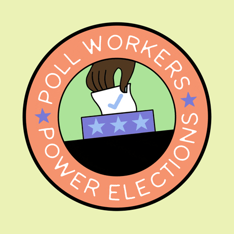 Digital art gif. Peach circle featuring a hand lowering a ballot into a ballot box, rocks back and forth over a light yellow background. Text, “Poll workers power election.”