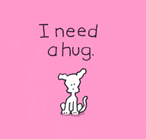 Cartoon gif. Chippy the Dog is sitting in the middle of a pink background and he raises both paws up while the text below reads, "I need a hug."